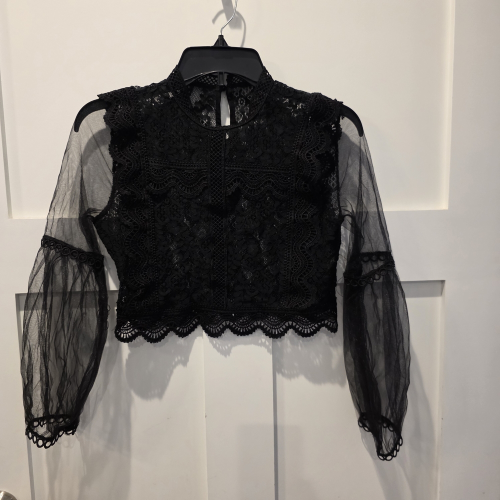Lace  Sheer Puff Long Sleeve Top Victorian Whimsigoth Boho Chic Mock Neck Small